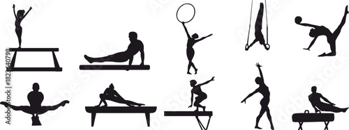 Set of Gymnasts in Action Silhouettes
