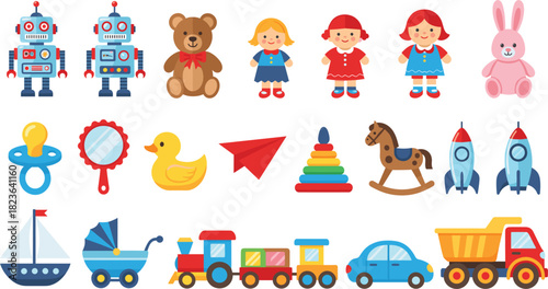 Mega Children's Toy Vector Collection: Robots, Teddy Bear, Dolls, Bunny, Pacifier, Duck, Train, Sailboat, Car, and Truck, Ideal for Childhood and Play Graphics