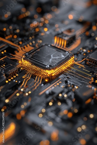 Luminous Microprocessor Core Glowing with Golden Light on a Futuristic Circuit Board.
