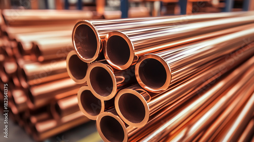 copper pipes in a warehouse store, close-up of a pile of copper pipes lying in a warehouse store, generative ai
