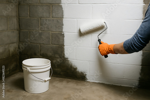 Worker applying white paint sealer on concrete basement wall using roller brush waterproofing and mold prevention renovation process
