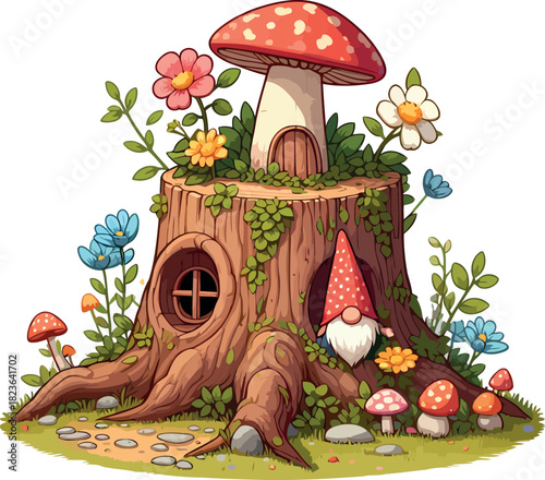 Whimsical Tree Stump House with Gnome and Mushroom Roof