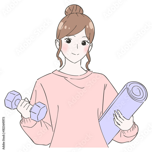 ダンベルとヨガマットの女性　イラスト