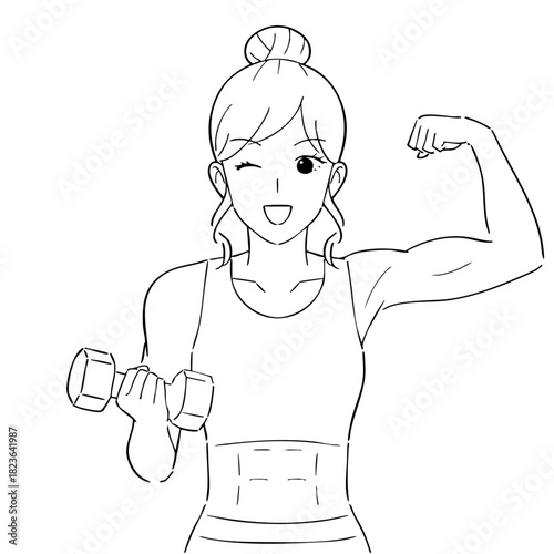 ダンベルで鍛える女性 水彩風イラスト