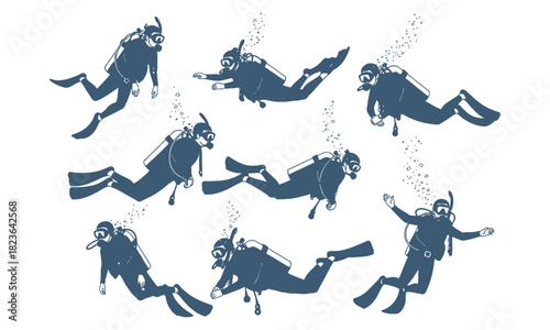 Underwater scuba divers illustration set with bubbles in blue tones