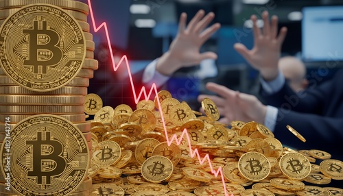 Bitcoin market crash with falling graph and frightened traders losing money