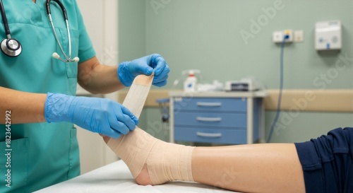 A close-up of a nurse's hand in blue gloves administering first aid for a sprained ankle and applying a bandage to a patient's ankle in a hospital.