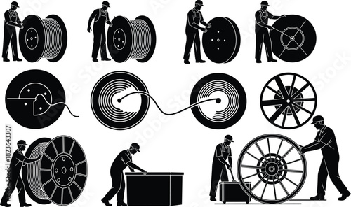 Electricians installing cable spool, industrial workers moving huge wire reels, construction professionals managing massive fiber optic cable drums, isolated vector 