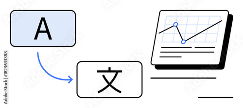 Letter A transforms into a foreign character with an arrow, connecting to a data chart. Ideal for translation, localization, data analysis, global communication, progress tracking, analytics