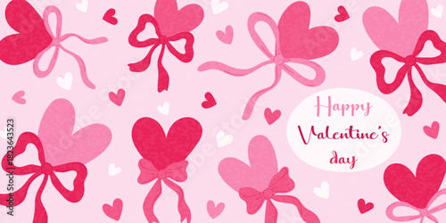 A pink background with hearts and ribbons is a festive design for a Valentine's Day greeting card. The concept of love and romance sets the holiday mood.