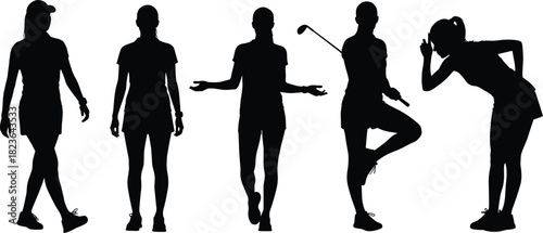 Female Golfers Silhouettes Set Diverse Poses Walking Standing Stretching Golf Club Sportswear Casual Attire Athletic Women Leisure Activity Outline Vector Graphic 