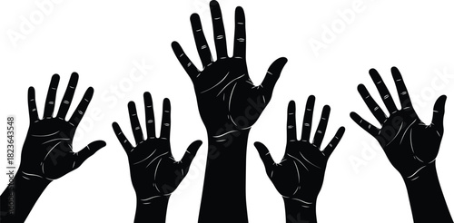 Black Silhouette Vector of Multiple Hands Raised Up in the Air, Symbolizing Participation, Voting, Volunteering, Teamwork, Asking Questions, and Community Unity