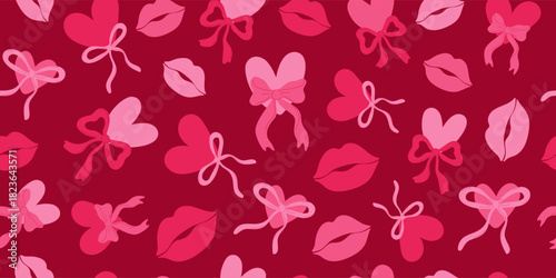 Seamless pattern with pink hearts, bows, and lips. Decorative background for Valentine's Day, wedding cards, romantic occasions, and sweet designs.