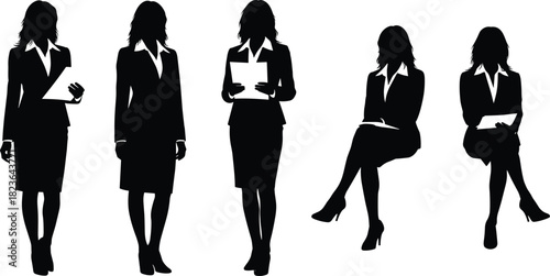 Professional business women silhouette vector pack, standing, sitting, and holding documents, representing corporate careers, female leadership, and powerful