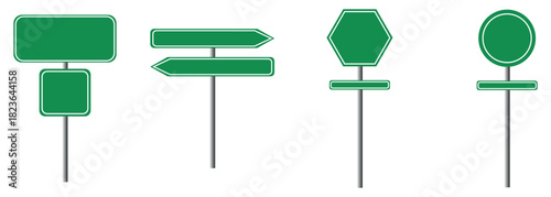Road signs vector illustration. Set of green road signs. road sign set blank template. Isolated information sign. Empty traffic banners and blank road signs. 
