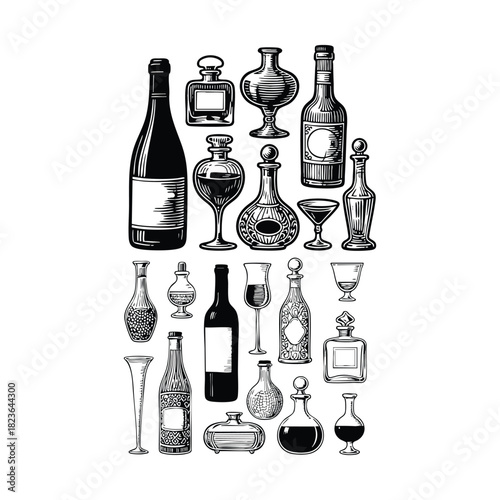 A large collection of liquor, wine, and spirit bottles and glassware illustrated in a detailed vintage engraving style