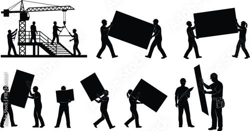 Professional Construction Workers Team Silhouette Vector Art Lifting and Carrying Building Materials on Active Site, Industrial Development, Teamwork, Labor, and Engineering Background Illustration