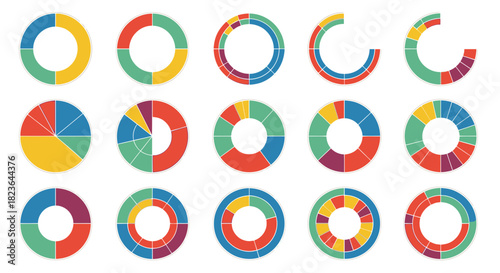 Collection of colorful circular diagrams and pie charts for business data visualization