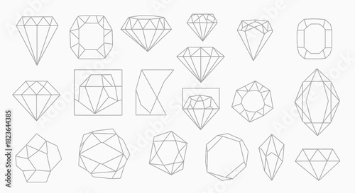 Collection of geometrically precise diamond illustrations in varied linear outlines