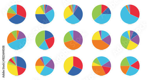 Diverse collection of colorful pie charts representing data analysis and trends