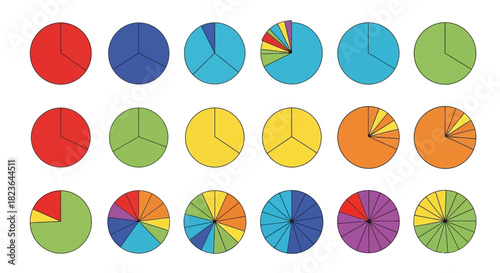 Diverse and Colorful Pie Chart Collection Depicting Varied Data Distributions