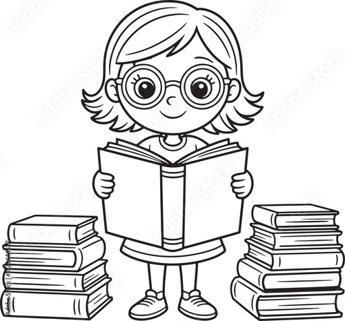 Happy cartoon girl reading a book surrounded by books