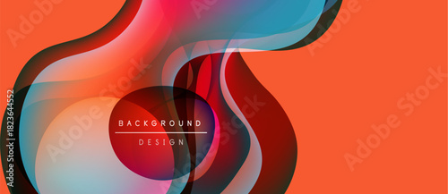 Abstract fluid shapes overlap, creating dynamic colorful composition. Orange backdrop enhances vibrant design elements. Modern aesthetic.