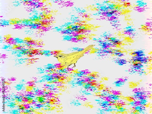 カラフルな色彩を背景にした黄色い鳥のイラスト