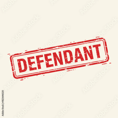 A distressed red rubber stamp with the word "DEFENDANT" prominently displayed on a light beige background.