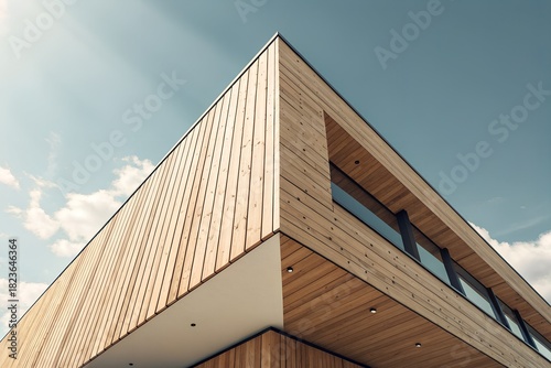 Modern architectural building with natural wood facade and geometric patterned cladding against a bright blue sky with scattered clouds