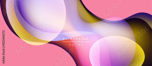 Abstract fluid shapes overlap, creating vibrant pink, purple, gold gradients. Modern design suggests movement, energy, visual appeal.