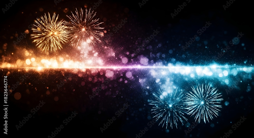 Fototapeta premium Fireworks with Bright Colorful Light Streaks. Sparkling fireworks illuminate the dark sky with a vibrant streak of glowing colors.