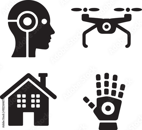 Icons representing artificial intelligence robotics and smart home technology