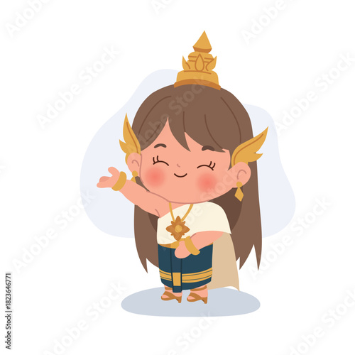 A cute Thai girl illustrated in traditional costume, shown in a smiling pose.