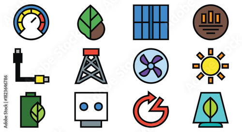 Sustainable solutions vector icons showcase ecological balance and renewable energy resources