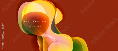 Abstract fluid shapes overlap, creating vibrant color gradients. Warm tones dominate with hints of green, yellow, orange. Modern design element.
