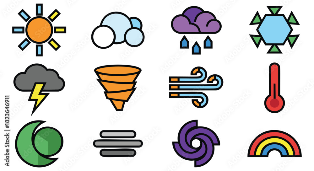 Naklejka premium Colorful weather icon set symbolizing sun, clouds, rain, tornado, wind, temperature and rainbow