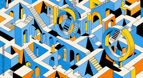 Isometric perspective of an impossible geometric structure creating a maze