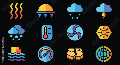 Climate change icons showcasing global warming, extreme weather, and environmental impact awareness