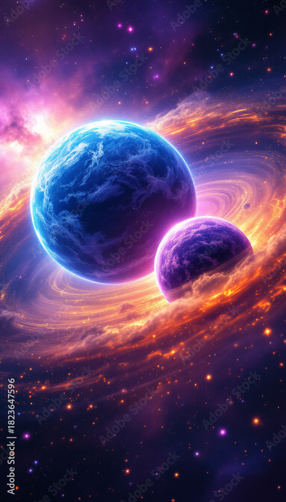 Obraz premium Neon Cosmic Planets — Vibrant Space Wallpaper, Galaxy Energy Swirl, Sci-Fi Universe