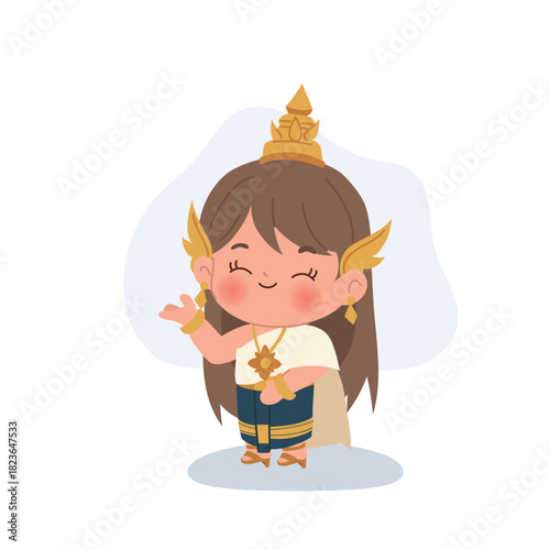 a cute thai chibi girl wearing traditional costume and gold accessories, shown greeting in a cheerful pose