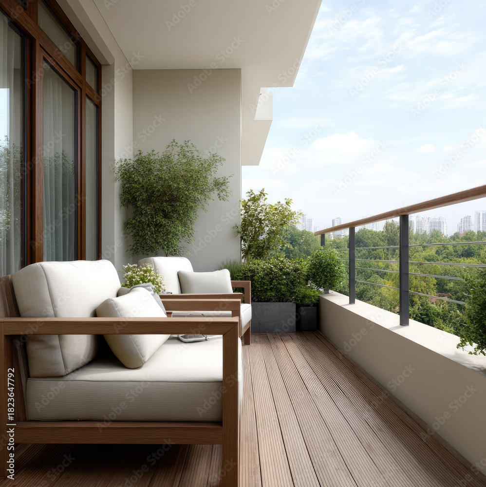 Obraz premium Minimalist balcony with wooden floor, modern armchair, green plant, city view, and bright sky creates peaceful outdoor retreat