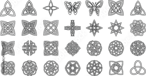 Extensive Vector Set of Traditional Celtic Knotwork Patterns and Geometric Symbols, Including Triquetra, Mandala Designs, Crosses, and Intertwined Ornaments for Decoration