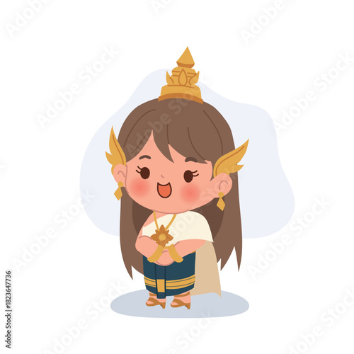 a cute thai girl in traditional costume stands smiling during a cultural festival. thai culture cartoon girl in traditional outfit