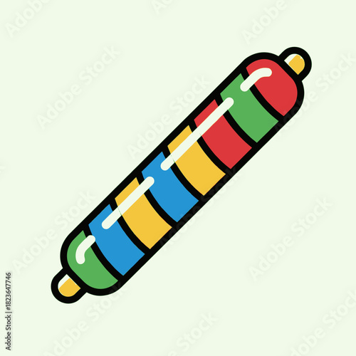 A colorful cylindrical object with segments of red, yellow, blue, and green, resembling a toy or a decorative item.