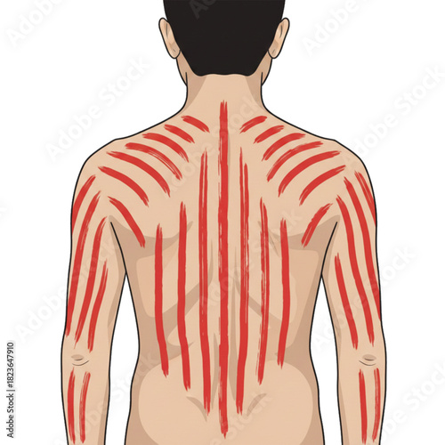 
Illustration of traditional kerokan treatment marked by reddish lines on the back. with a white background.