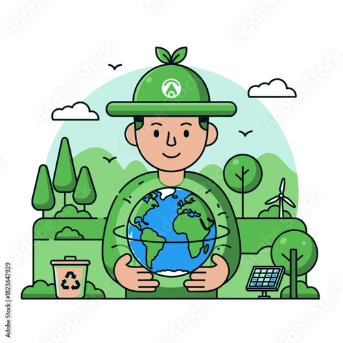 A person in green attire holding the Earth, surrounded by nature and eco-friendly elements.