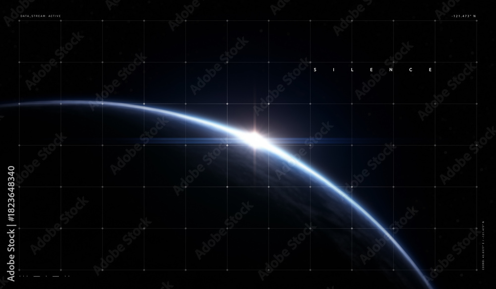 Fototapeta premium Blue arc of planet with luminous grid sweep. Concept of advanced visuals for VR systems, AR overlays, sci-fi UI backgrounds, metaverse mapping, and holographic design screens.