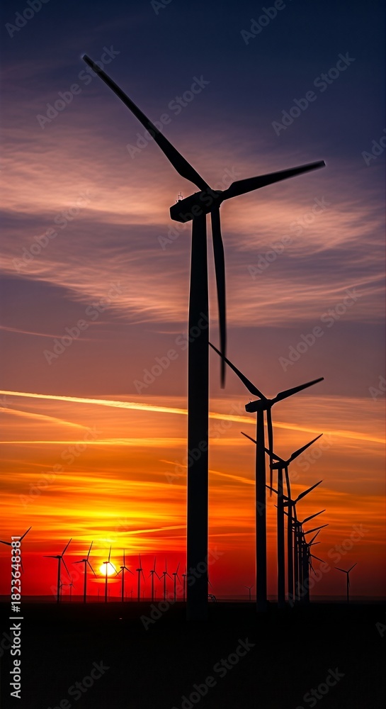 Obraz premium Wind Turbines Silhouetted Against a Vibrant Sunset Sky, Generating Clean Energy.