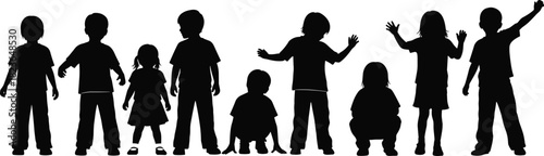 Children silhouettes standing and playing, kids posing in various actions, childhood illustration, group of boys and girls, playful youth artwork